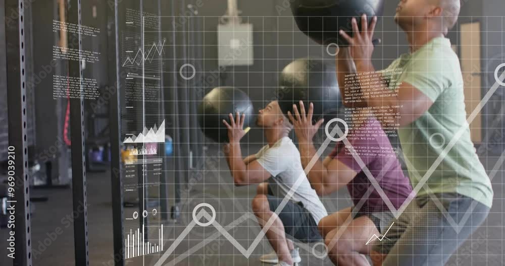 Poster animation of data processing and diagrams over diverse people exercising with balls at gym