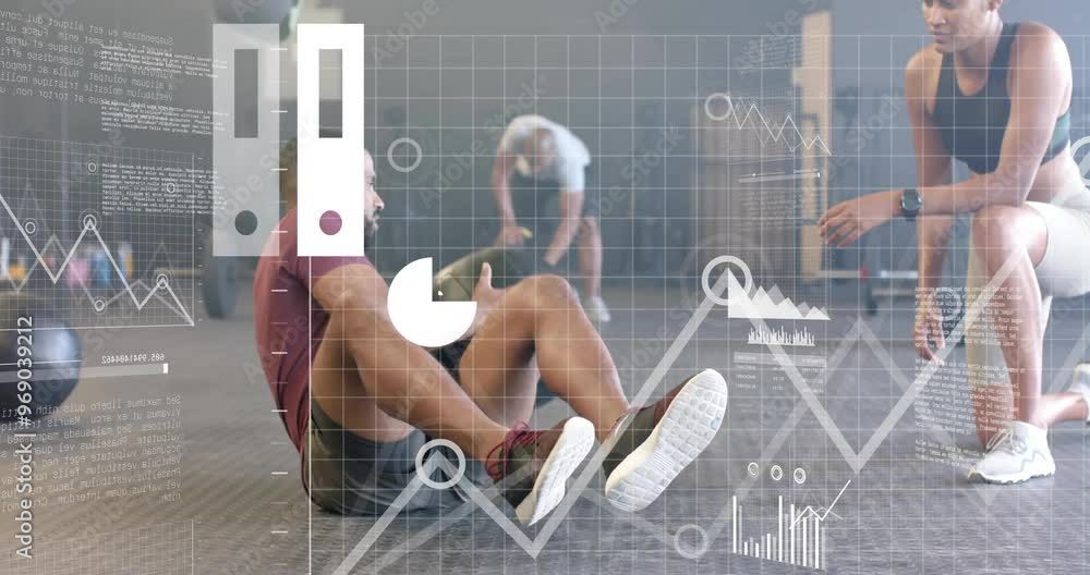 Poster animation of data processing and diagrams over diverse people exercising with balls at gym