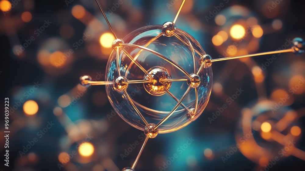Poster golden sphere with interconnected metallic nodes against a bokeh background