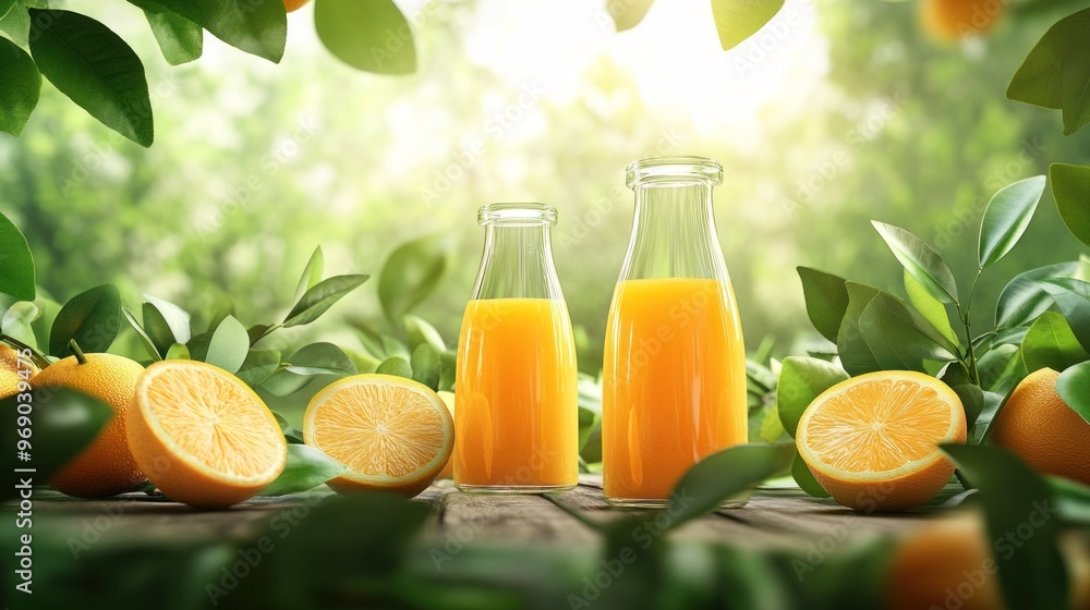 Canvas Prints refreshing orange juice bottles with sliced oranges in a lush garden setting