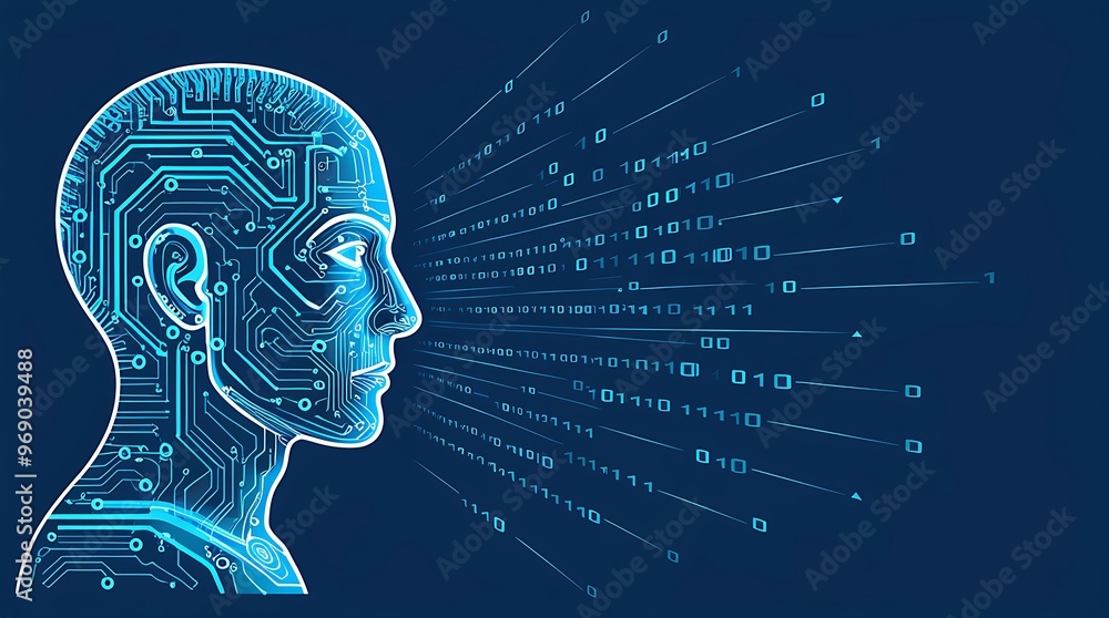 Poster futuristic digital illustration of a human head in profile, featuring intricate circuit patterns and