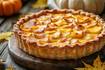 A peach pie with a lattice crust, garnished with a mint leaf, displayed on a dark surface