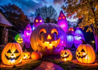 Obraz premium Spooky inflatable decorations lit up by glowing purple and orange bulbs, casting an eerie ambiance on a dark autumn night.