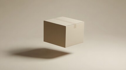 A single cardboard box floating gently, side lighting casting a soft shadow, neutral beige background, focus on the box minimalist design, mood of calm and simplicity, clean and modern aesthetic
