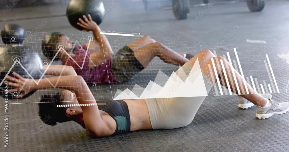 Poster animation of data processing and diagrams over diverse people exercising with balls at gym