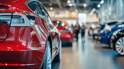 Eco-friendly car dealership with electric vehicles on display, customers learning about sustainable transportation options