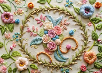 Vintage-inspired floral pattern with letters stitched in intricate wire embroidery, comprising soft pastel hues and delicate florals amidst intricate borders.