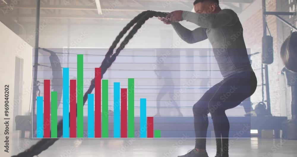 Poster animation of data processing and diagrams over biracial man exercising with ropes at gym