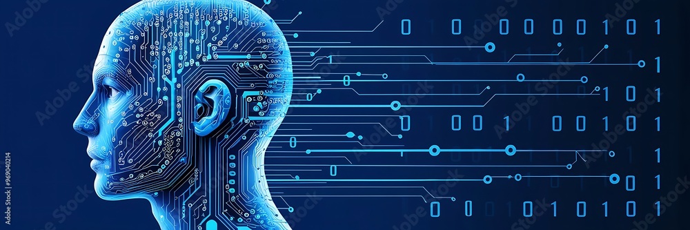 Poster futuristic digital illustration of a human head in profile, featuring intricate circuit patterns and