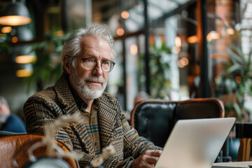 Obraz premium Senior Man Working on Laptop in Cozy Cafe with Greenery in Background