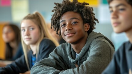 Obraz premium Diverse Group of Students Engaged in Vibrant Classroom Learning with Hopeful Energy and Natural Light