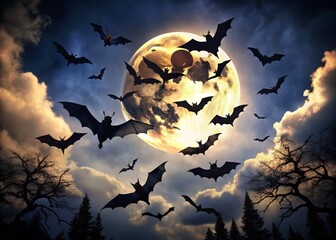 "Silhouetted against a full moon, a flock of bats spread their leathery wings, hovering in the darkness, their eyes glowing like tiny lanterns."