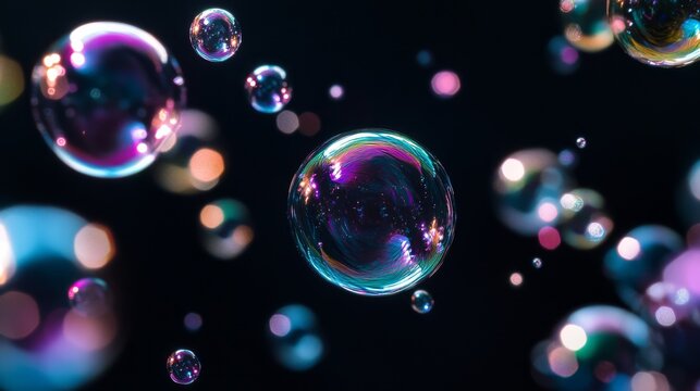 Colorful soap bubbles floating on a dark