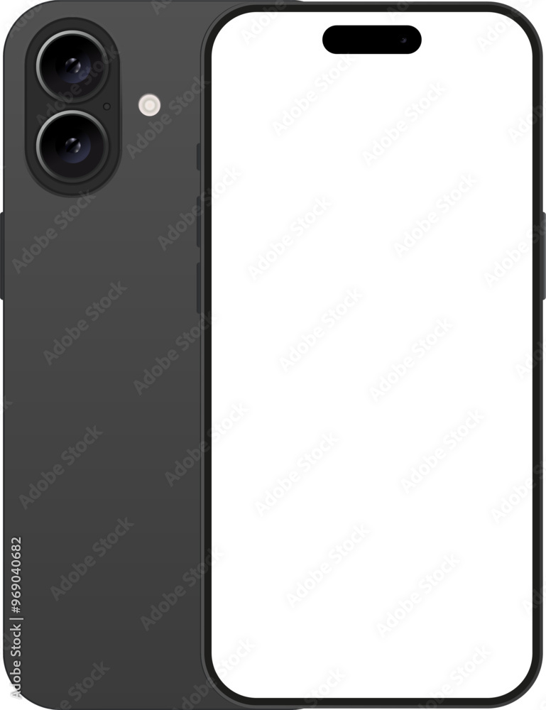 Poster new phone in black color - vector mockup on transparent background. phone mockup in front and back s