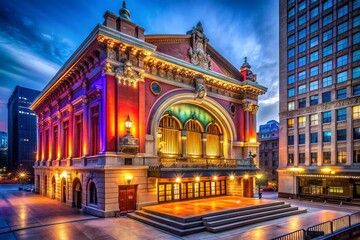 Fototapeta premium Concert stage lights illuminate the historic Providence Performing Arts Center, situated amidst the city's vibrant downtown area, surrounded by ornate architecture.