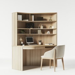 Fototapeta premium A modern wooden desk setup with shelves, computer, and chair for an organized workspace.