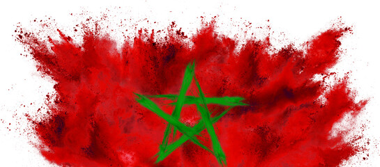 colorful flag of morocco africa with red and green star color holi paint powder explosion isolated white background. african moroccan national europe travel and tourism concept.