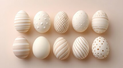 Fototapeta premium Neutral beige Easter eggs with intricate patterns on a soft beige background. Modern and minimalist holiday design.