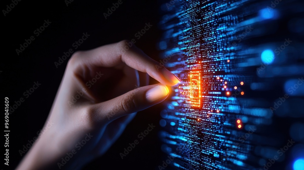 Poster a hand interacting with a digital interface, showcasing advanced technology and vibrant data visuali