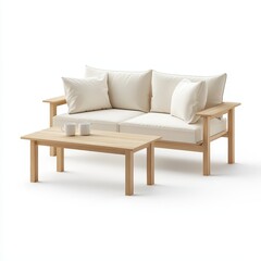 Fototapeta premium A modern wooden sofa with white cushions and a matching coffee table, designed for relaxation.