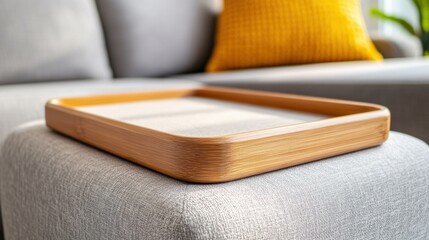 A tray sitting on top of a ottoman in front of the couch, AI