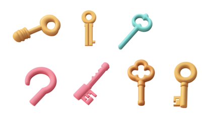 PNG key 3d icons and objects collection, in cartoon style minimal on transparent, white background, isolate
