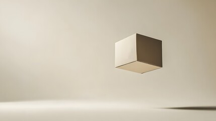 Fototapeta premium A single cardboard box floating in a neutral space, soft light highlighting the edges, neutral cream background, focus on the simplicity and geometry of the box, mood of quiet contemplation and
