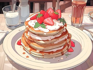 Pancakes with Strawberries and Cream
