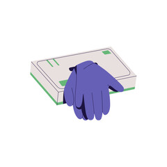Pack of blue disposable medical gloves. Box of rubber protection of hands. Surgical tool for doctors to hygiene safety. Healthcare accessory. Flat isolated vector illustration on white background