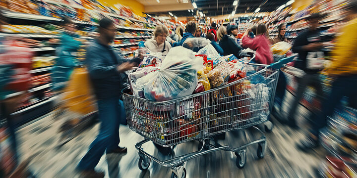 Stressful Supermarket: harried shoppers jostle for the last bag of groceries, their carts overflowing with items.