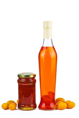 Cumquat or kumquat liqueur and jam in and fresh berries isolated on white background