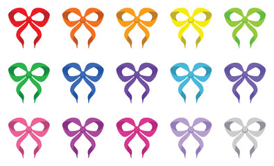 Simple hand drawn colorful ribbon bow collection. Bowknot for decoration, big set of bowtie. Large retro handdrawn ribbon illustration set. Set of various cartoon bow knots, gift ribbons. Multicolored