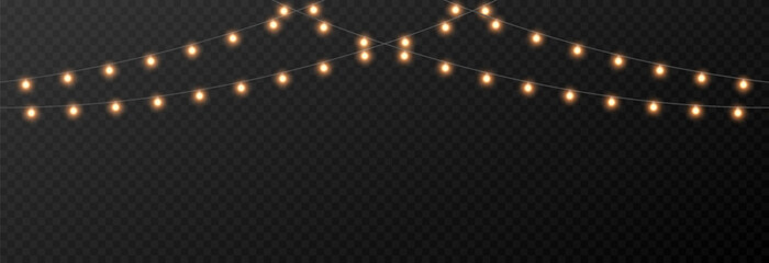 Vector Christmas garland png. Christmas light png. Holiday decoration, garland with golden lights, LED lamp.