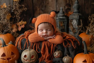 Adorable baby sleeping in an autumn-themed costume, surrounded by pumpkins and Halloween decorations