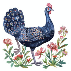 Guineafowl Floral Hand-drawn Watercolor Illustration