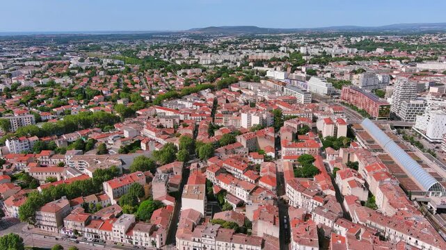 Montpellier, France: Aerial view of famous French historic city in Occitania region, summer day with blue sky - landscape panorama of Europe from above

