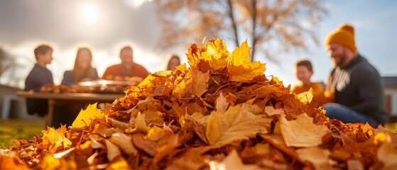 Joyful Autumn Moments Children Playing in Leaves While Adults Savor Outdoor Dining at a Family Gathering