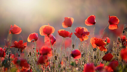 Obraz premium Tapeta pole maków. Piękne czerwone letnie kwiaty