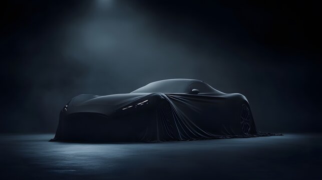 Covered vehicle with smooth black fabric, showcased in a dark, atmospheric space with focused spotlights creating subtle highlights and shadows, setting a high-end and suspenseful tone