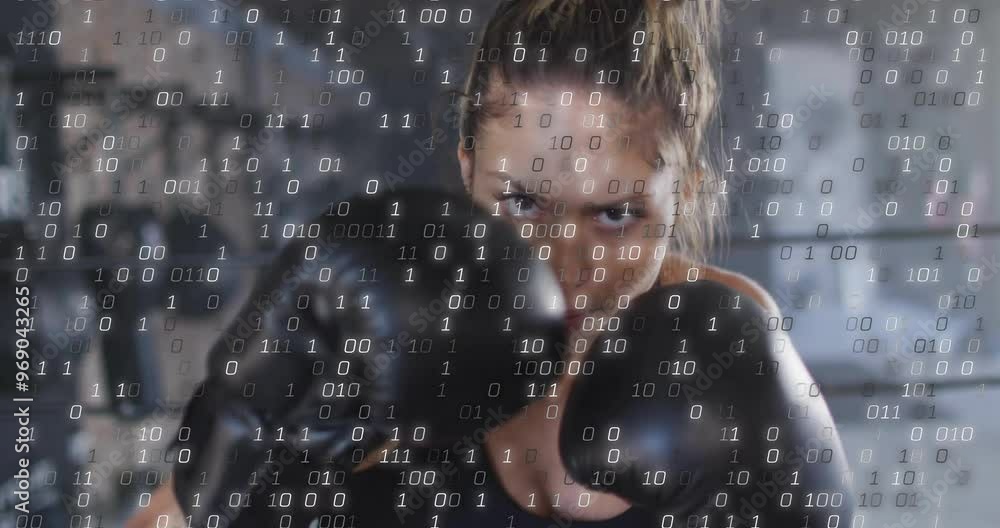 Poster animation of binary coding over caucasian woman wearing boxing gloves at gym