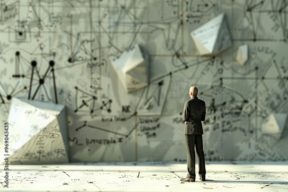 Poster a businessman stands thoughtfully in front of an abstract wall covered in complex data patterns, dee