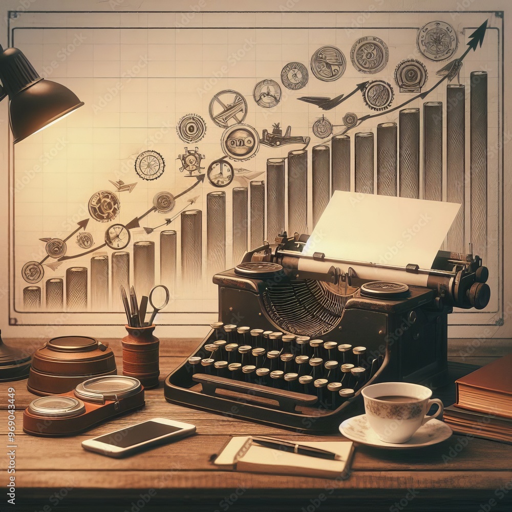 Poster a classic typewriter is placed on a desk, surrounded by financial-themed objects like a graph chart,