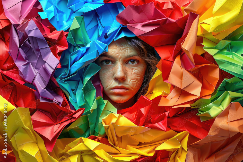 Poster a child with a thoughtful expression emerges from a swirl of colorful, crumpled paper in a creative 