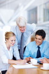 Fototapeta premium Business people, writing and planning in meeting, conversation and teamwork for project. Group, employees and coworkers in boardroom, support and cooperation for proposal, contract and collaboration