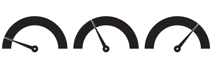 Speedometer icon, fuel meter vector, icon, silhouette, symbol design. Risk meter icon set design.  Low, Medium or High risk on speedometer. Set of gauges from low to high. Vector illustration