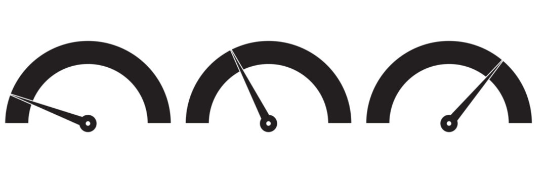 Speedometer icon, fuel meter vector, icon, silhouette, symbol design. Risk meter icon set design.  Low, Medium or High risk on speedometer. Set of gauges from low to high. Vector illustration