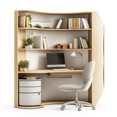 A modern workspace featuring a desk, shelves, and a comfortable chair for productivity.