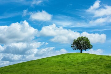 Obraz premium Windows wallpaper green grassy hill with blue sky and white clouds, with a tree. The background is a simple, minimalist landscape.Beautiful image of nature, tranquility, peace or serenity.