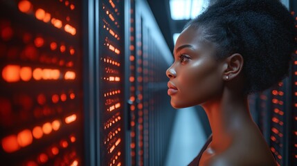 A woman with a black hairstyle is looking at a computer monitor with a red background. Concept of focus and concentration as the woman stares at the screen