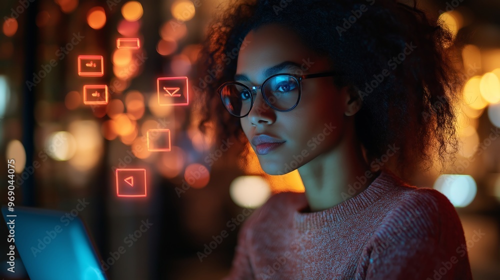 Poster a woman is looking at a computer screen with a red and orange background. the screen is filled with 